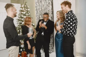 International people having fun in a party decorated room